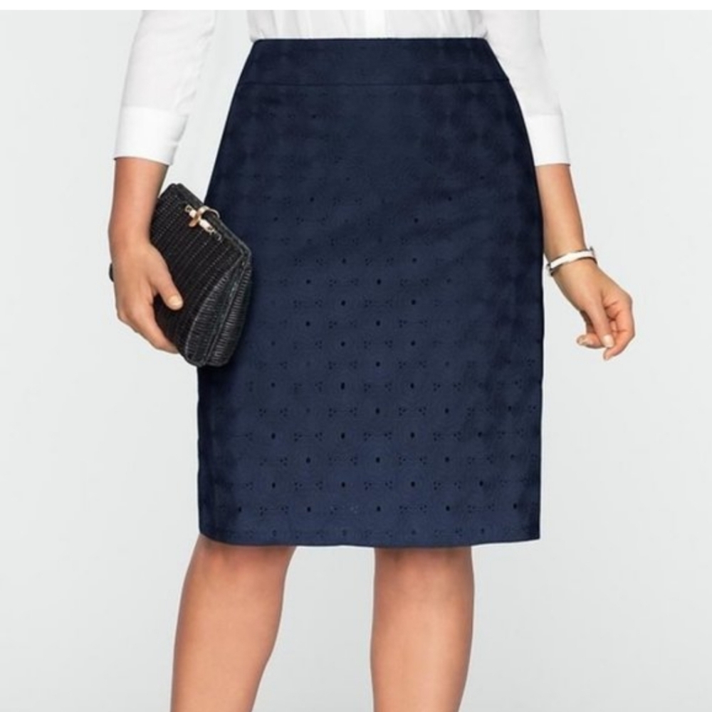 Talbot Petites 6P Navy Blue eyelet pencil skirt nwt